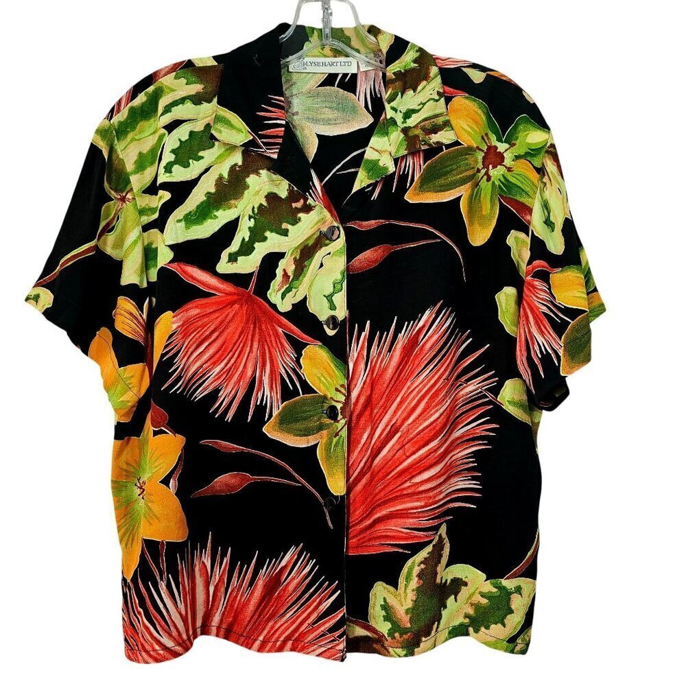 Ilyse Hart 90s Womens Crop Hawaiian Top Size S Short Slv Bright Pastels on Black